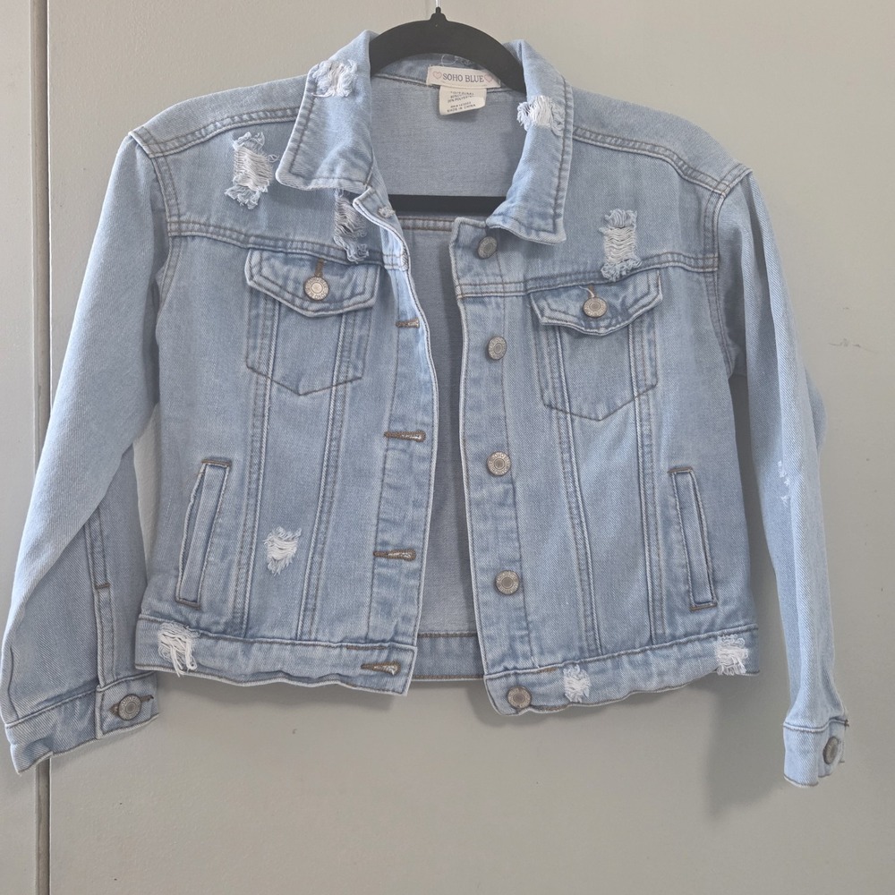 Girls 10/12 Light Wash Cropped Denim Jacket Distressed Jean Jacket Boho Grunge